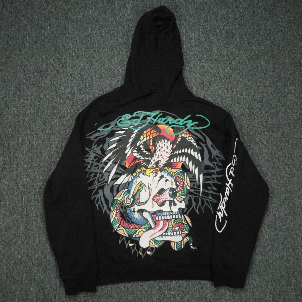 Ed Hardy Hoodie Mens Large Black Eagle Skull Graphic‎ Pullover Hooded Pockets